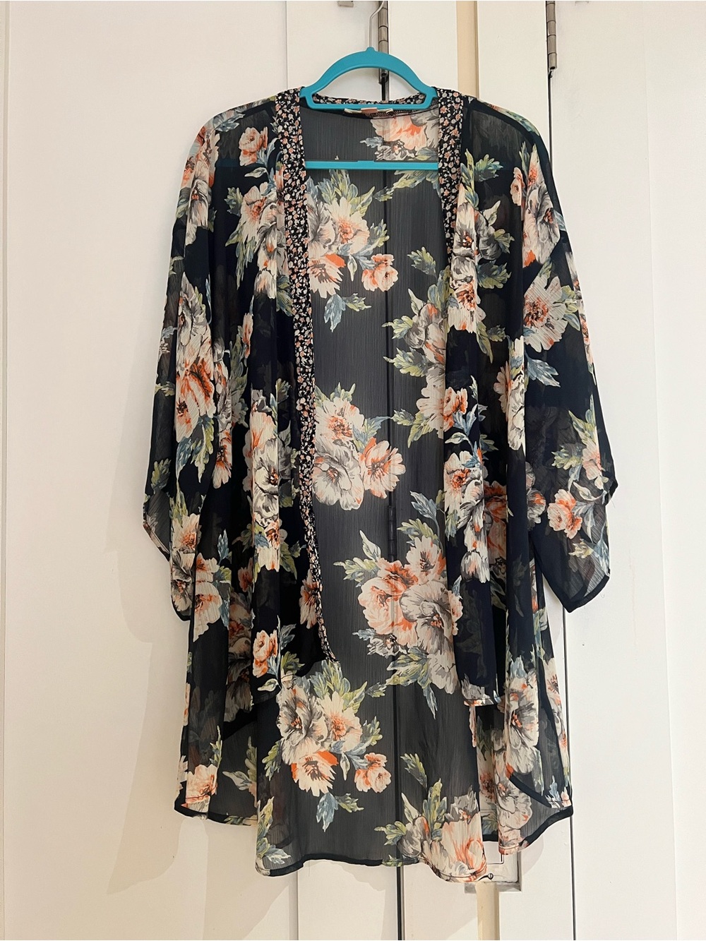 Band of Gypsies Black Floral Sheer Duster with Peach and Blue Accents